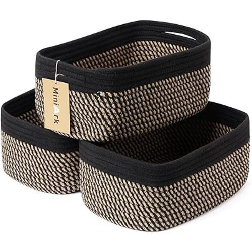 Small Storage Baskets for Organizing | Closet Organizer Bins | Shelf Toy Basket | Woven Rope Baskets | Cube Decorative Box | Shallow Basket | 11.5x7.5x4.7” | 4 Packs Black Brown