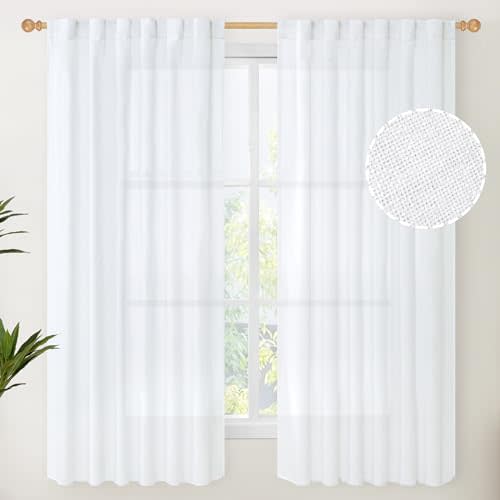 YoungsTex White Linen Semi Sheer Curtains 63 Inch Length for Living Room, Rod Pocket Light Filtering Drapes for Bedroom Office Country Back Tab Lightweight Window Treatments, 52 X 63 Inch, 2 Panels