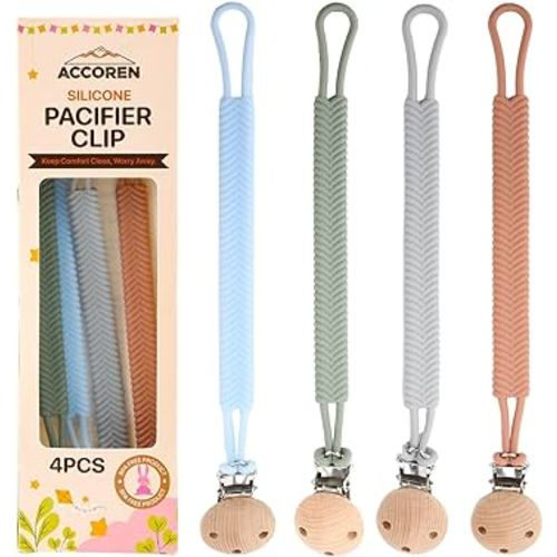 Silicone Pacifier Clip Holder - Baby Pacifier Clips for Boys, Girls - Cute Binky Clips with Smooth Edges - Available 4 Colors - Strip Design to Prevent Loss or Swallowing