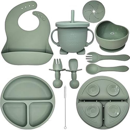 Baby Led Weaning Supplies, 10pc Set (Army Green) [Silicone Feeding Set: Plate, Bowl, Adjustable Bib, Sippy Cup, Spoons, Forks]