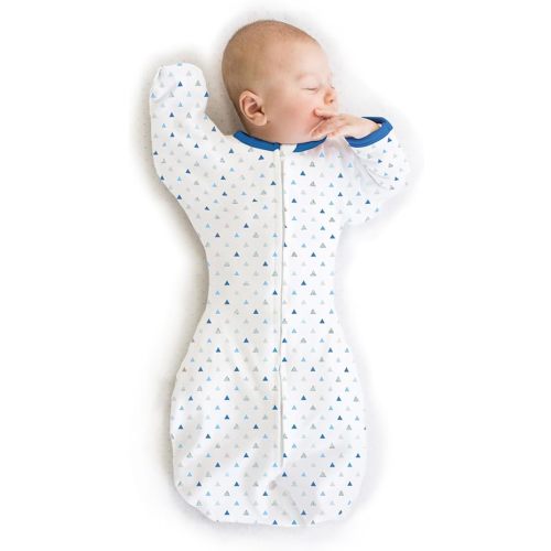 SwaddleDesigns Transitional Swaddle Sack, Arms Up Half-Length Sleeves & Mitten Cuffs, Swaddle for Newborn Transition to Baby Sleep Sack Wearable Blanket, Small, 0-3 month, 6-14 lb, Blue Tiny Triangles