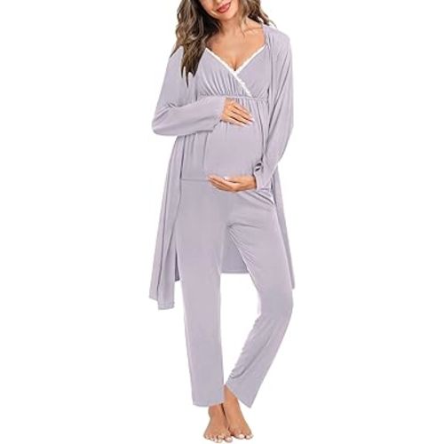 SWOMOG Maternity Nursing Robe Set 3 Piece Breastfeeding Pajamas 3 in 1 Labor Delivery Sleevless Tops&Long Pants Pregnancy Pjs