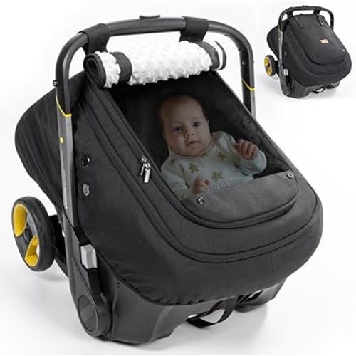 Bioby Baby Car Seat Cover, Infant Car Seat Cover for Boy Girl, Roomy Cozy Waterproof Windproof Sun Protection Baby Carseat Covers Canopy with Breathable Net and Holes, Universal Fitted Black