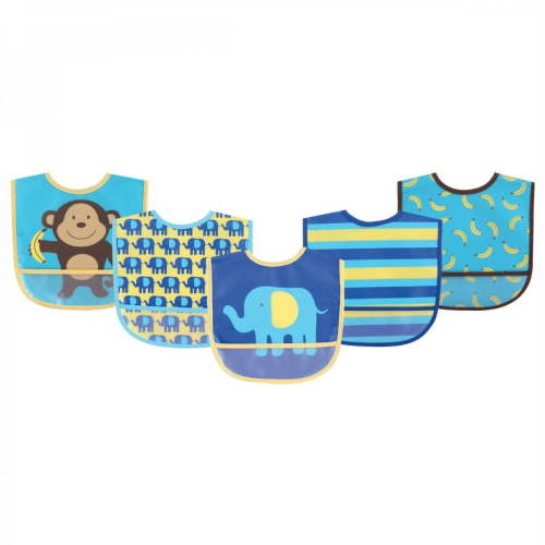 Luvable Friends Baby Boy Waterproof PEVA Bibs 5pk, Blue Monkey, One Size