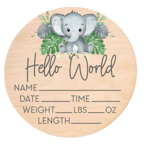 Birth Stat Sign for Newborn - Baby Name Announcement - Hello World Elephant Hospital Photography Prop - Jungle Safari