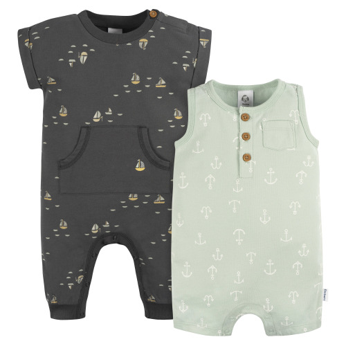 Gerber Baby Boy Rompers, 2-Pack, Sizes 0/3 Months - 24 Months