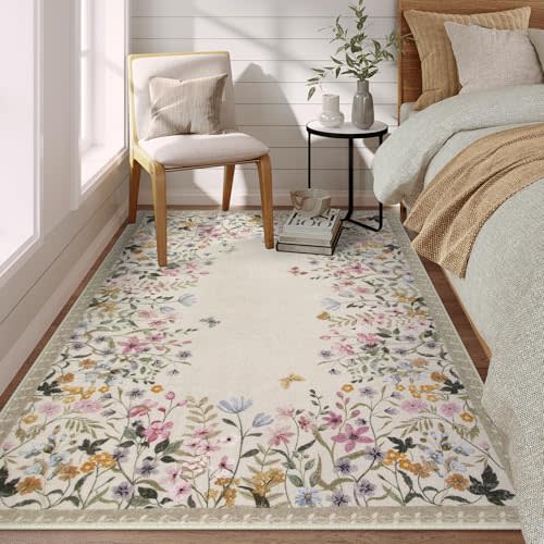 Wonnitar 4x6 Washable Area Rug, Boho Floral Bedroom Rug, Botanical Carpet for Nursery, Beige Non Slip Office Rug, Farmhouse Kitchen Kids Playroom Decor (4x6 Beige)
