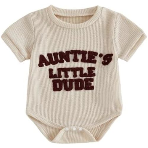 Aunties Little Dude Baby Clothes Newborn Boy Summer Outfit Embroidery Letter Bodysuit Short Sleeve Waffle Romper