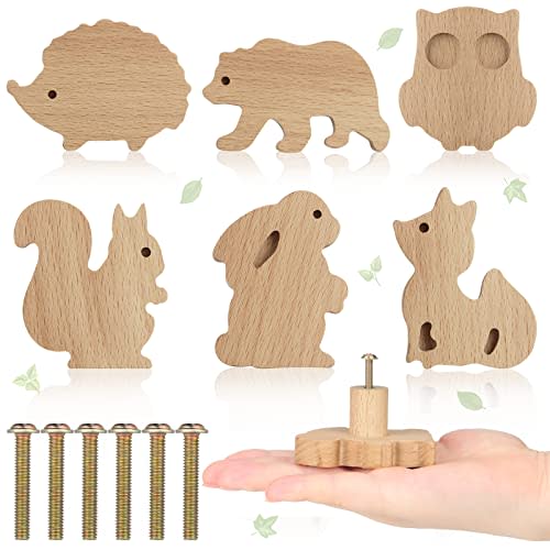 Qunclay Wooden Animal Cabinet Knobs Decorative Wood Dresser Knobs with Screws Dresser Pulls Wood Marine Woodland Animals Knobs Furniture Knobs Nursery Drawer Handles for Decor (Forest Animal, 6 Sets)