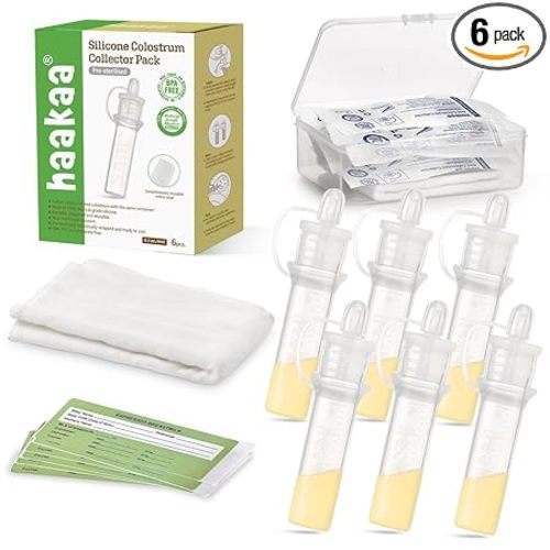 haakaa Colostrum Collector Kit Breast Milk Collector with Cotton Cloth Wipe and Storage Case, Ready-to-Use, Reusable, 4ml/6pcs
