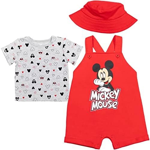 Disney Junior Baby French Terry Short Overalls, T-Shirt and Hat 3 Piece Outfit Set Newborn to Infant Sizes (OS - 24 Months)