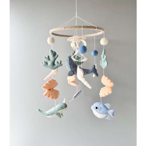 Ocean baby mobile, felt crib mobile, whale narwhal and seashells mobile, handmade under the sea nursery decor, ocean baby shower theme