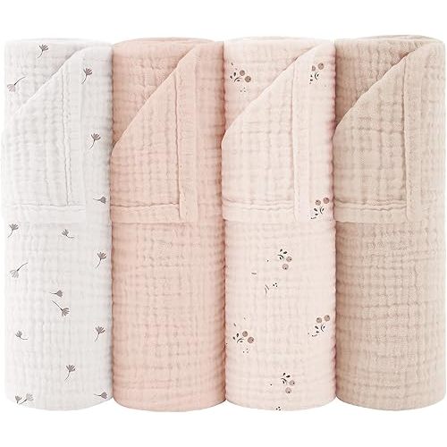 Susurration Muslin Burp Cloths 24x24 Inches Ultra Soft 100% Cotton, 4 or 7 Pack Baby Washcloths for Newborn, Absorbent Burp Rags & Swaddle Blankets