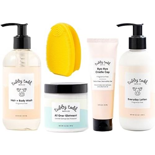 Tubby Todd Baby Cradle Cap Solution for Sensitive Skin - The Bye-Bye Cradle Cap Kit - Cradle Cap Gel, Shampoo + Body Wash, Lotion, All Over Ointment, & Cradle Cap Brush - Standard Size Fragrance-Free