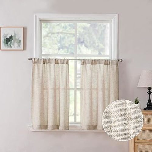 Tollpiz Cortinas de lino semitraslúcidas con dobladillo para barra, cortina de cocina corta de arpillera para filtrar la luz, cortina de lino grueso para baño, 30 x 30 pulgadas de largo, natural, juego de 2 paneles