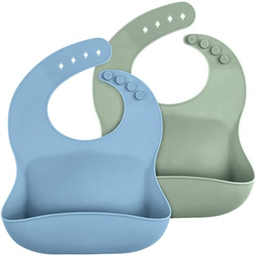 WeeSprout Waterproof Silicone Baby Bibs (Set of 2) | Pocket to Catch Food - Matte Green Blue