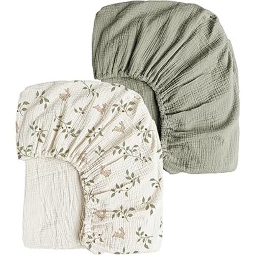 Konssy Muslin Crib Sheets 2 PCS, 100% Cotton Baby Crib Sheets for Standard Crib Mattress (28"x 52"), Soft and Breathable for Boys, Girls (Rabbit,Fog Green)