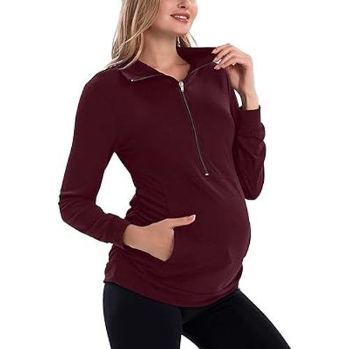 GINKANA Maternity Women's Long Sleeve Shirt Half Zipper Lapel Lightweight Casual Maternity Pullover with Pockets
