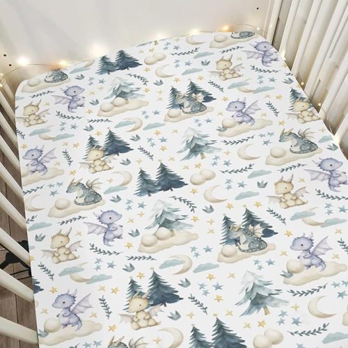 Fairytale Dragons Baby Crib Sheets for Boy Girl 28"x52" Cute Dragon Moon Stars Clouds Trees Eggs Soft Snug Fitted Crib Mattress Cover Fantasy Animal Baby Sheet for Standard Crib & Toddler Mattress