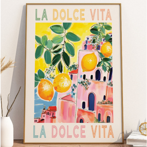 18x24” La Dolce Vita, Amalfi Coast Italy, Rolled Poster, Colorful Retro Art Painting,Italian Quote, Positano,Italy Travel Wall Art, Spritz Cocktail