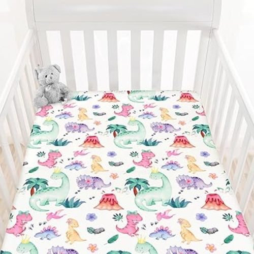 HawSkgFub Watercolor Pink Purple Dinosaur Fitted Standard Crib Sheet for Baby Girl, Tropical Dino Lover Toddler Mattress Cover, Soft Breathable Stretchy Nursery Bed Sheets Decor Kids Gift 52" x 28"