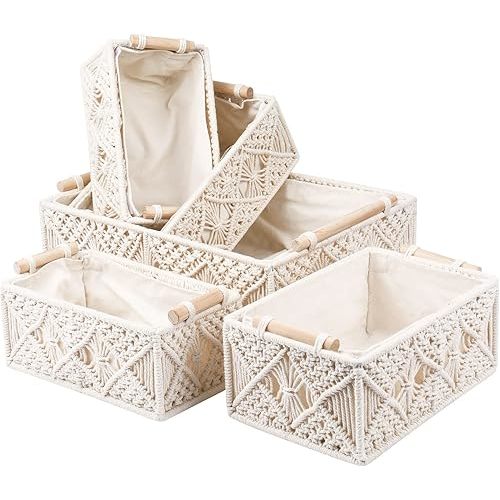 ANMINY 5PCS Macrame Storage Baskets for Organizing Boho Decor Baskets Storage Bins with Wood Handles Handmade Decorative Storage Boxes with Removable Liner Toilet Tank Bathroom Self Basket Organizer
