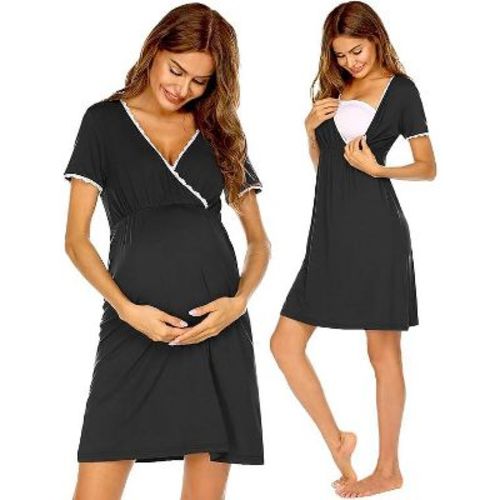 Ekouaer Nursing Nightgown Delivery and Labor Gown for Hospital Short Sleeve Maternity Breastfeeding Dress Black XXL