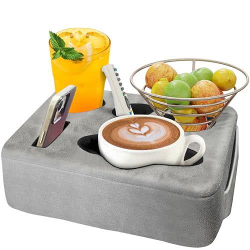 Couch Bed Cup Holder Pillow, Nisdoing 5 Hole Couch Drink Holder! Keep Drinks Hand Side and KeepTemp, Prevent Spills and Use Anywhere. Cup Holder for Couch, Bed,Camping,RV,Car,Beach. Gray