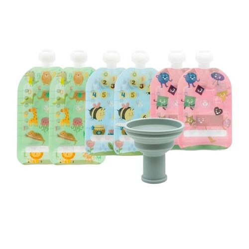 WeeSprout Double Zipper Reusable Food Pouches, Perfect for Babies & Toddlers, Freezer & Dishwasher Safe (Educational, 6 Piece Assortment)