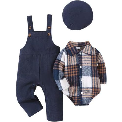 Renotemy Baby Boy Clothes Flannel Plaid Bodysuit+Corduroy Overalls+Beret Hat 3Pcs Fall Winter Outfits for 3-24 Months Boys