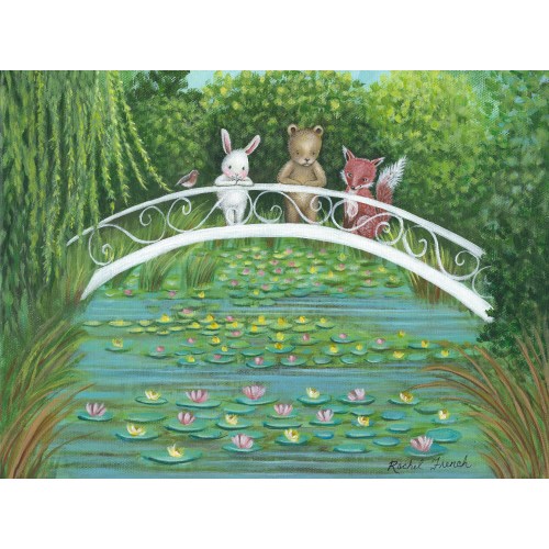 Woodland Animals, waterlily pond, art print for baby nursery or child&#39;s room
