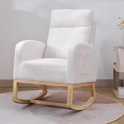 Nursery Rocking Chair with Solid Wood Legs, Glider Chair for Nursery with Two Side Pockets, Rocker Armchair for Living Room Bedroom (White, Teddy Fabric)