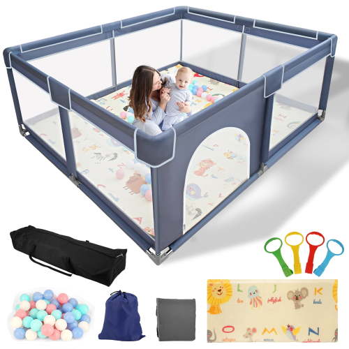 Sunnycome Baby Playpen with Folding Mat, Large Play Yard 71" X 59" X 26.5" for Babies and Toddlers with Zipper Gate Anti-Slip Suckers for Indoor&Outdoor