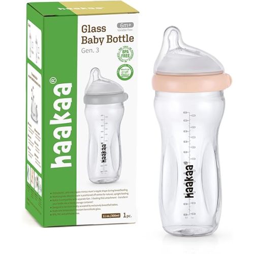 haakaa Gen.3 Natural Glass Baby Bottle 11oz/1PK - Wide Neck Anti-Colic Variable Flow Nipple,Easy to Clean & Latch for 6m+ Breastfeeding Baby Toddler,BPA-Free - Peach