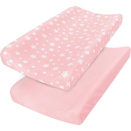 Changing Pad Cover for Girls 2 Pack, Lovely Print Soft Diaper Change Table Sheets, Fit 32"x16" Contoured Pad, Comfy Cozy 2-Pack Cradle Sheets,Pink&Pink Stars