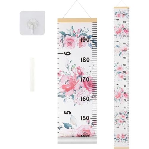 Canvas Kids Growth Chart for Wall, Floral Height Measurement Tracker for Baby Girl, Hanging Ruler with Removable Hook, Nursery Room Playroom Toddler Bedroom Decor, 79”x7.9” Pink