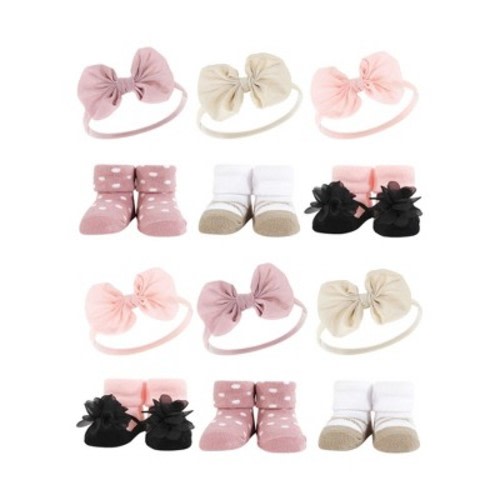 Hudson Baby Infant Girl 12Pc Headband and Socks Giftset, Blush Taupe, One Size