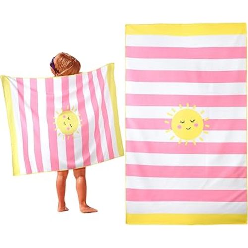 Kids Beach Towels Girls Boys Cute Beach Towel 50 x 30 Inch Absorbent Quick Dry Microfiber Pool Bath Supplies for Kids Party Swimming Camping(Pink,Sun)