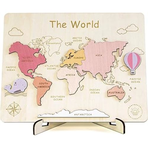 Explore & Learn: Montessori Wooden World Map Puzzle - Educational Geography Toy for Kids (Pink)
