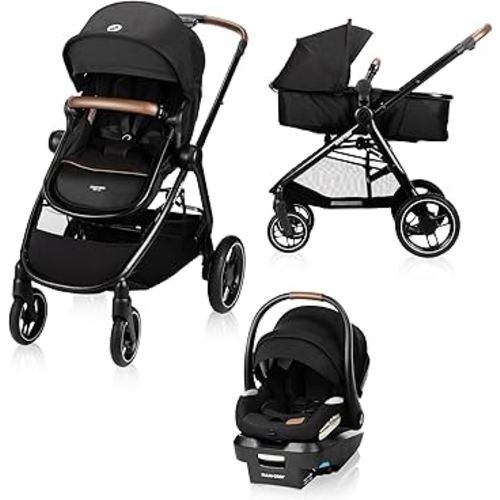 Maxi-Cosi New Generation Zelia Luxe 5-in-1 Modular Travel System, Carriage Mode, Reversible Toddler Seat, Mico Infant Car Seat (included), Enhanced All-Terrain Wheels, Use from Birth – Bassalt Black