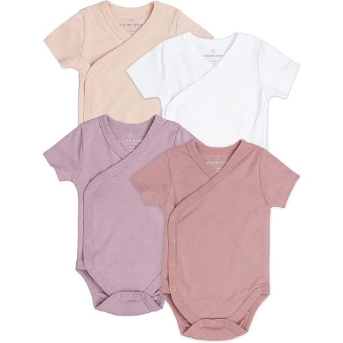 Baby Side Snap Bodysuit Set, 100% Cotton Boy Girl Unisex Kimono Onesie, 4 Pack - Pink Combo - Short Sleeve - 3-6 Months