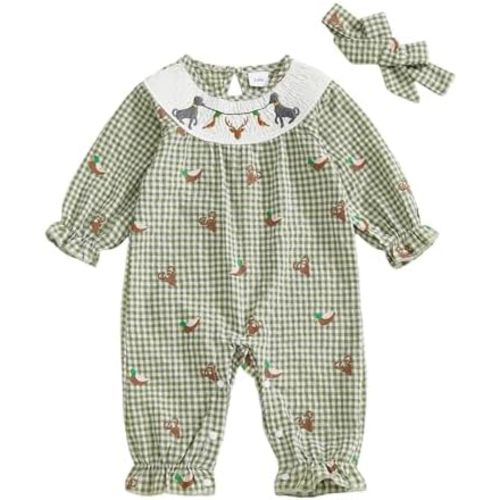 Baby Girl Hunting Outfit Mallard Duck Onesie Smocked Romper Long Sleeve Plaid Jumpsuit Headband Infant Fall Clothes