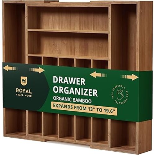 ROYAL CRAFT WOOD Luxury Bamboo Kitchen Drawer Organizer - Silverware Organizer - Utensil Holder and Cutlery Tray with Grooved Drawer Dividers for Flatware and Kitchen Utensils (9 Slot, Brown Bamboo)