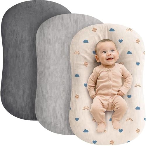 Muslin Baby Lounger Cover - 3 Pack Organic Cotton Baby Pillow Lounger Cover for Newborn - Soft and Breathable Infant Pillow Lounger Cover - Covers Only