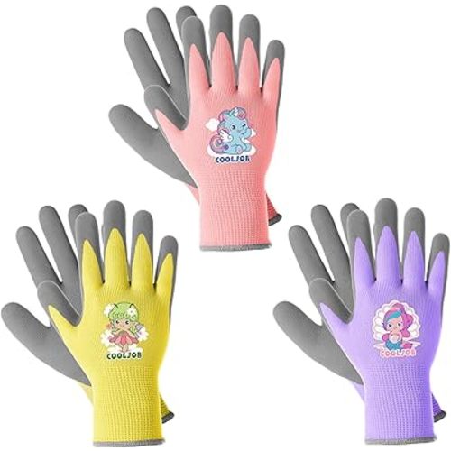 COOLJOB 3 Pairs Kids Gardening Gloves for Age 3-5, Children Toddler Girls Grippy Rubber Coated Work Gloves, Purple & Pink & Yellow (Little Beauty, Small S)
