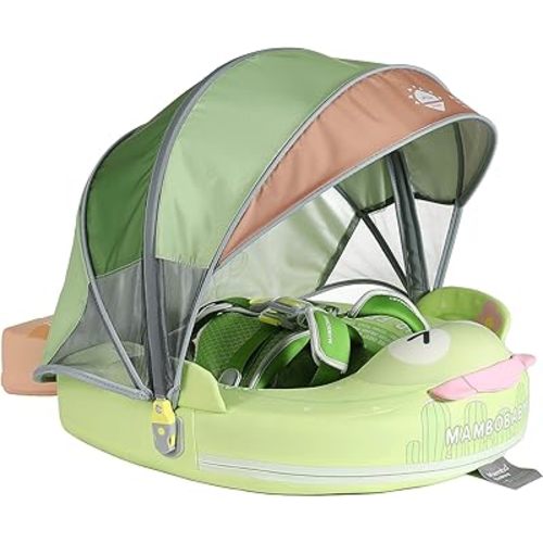 Mambobaby No-Flip Baby Pool Float with Canopy & Tail Non-Inflatable Swim Float for Infants, Pearl-Foam, UPF 50+ & Adjustable Safety Five-Way Harness, Skin-Friendly for Boys Girls 3-24 Months