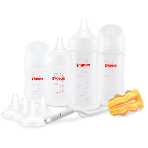 Pigeon Baby Bottle Newborn Feeding Gift Set, Anti-Colic, Wide Neck Bottle with Latch-On Line Nipple (4 PP Feeding Bottles with Nipples+ 4 Nipples + 1 Baby Bottle Brush)