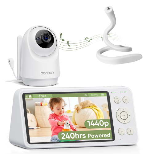 bonoch 1440p Baby Monitor with 5'' Screen 240 hours Long Powered ,AI-Powered Detect for Sleep Turn Over/Cry/Motion