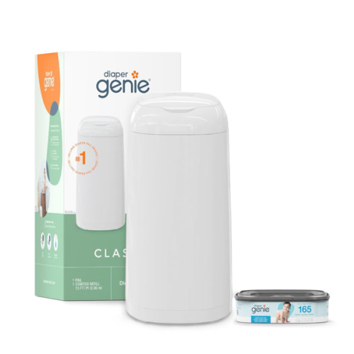 Diaper Genie Classic Pail Includes 1 Starter Square Refill That can Hold up to 165 Newborn-Sized Diapers.