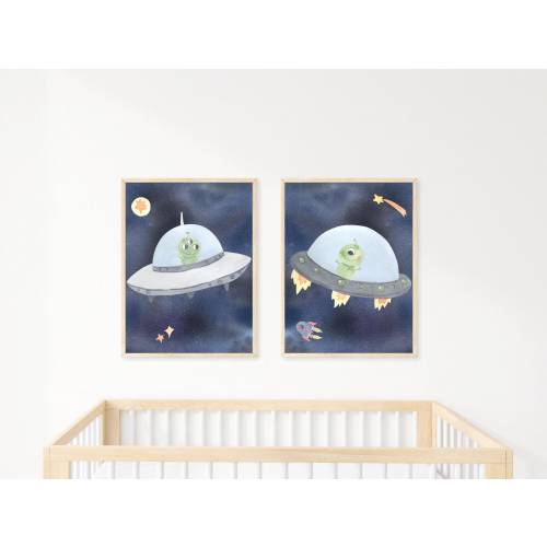 Space Aliens Nursery Prints Set of 2, DIGITAL ART PRINT, Shooting Star Rocketship & Ufo Nursery Prints, Watercolour Gender Neutral Wall Art